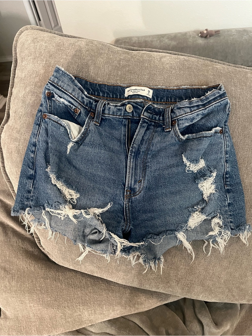 Abercrombie High-Rise Distressed Denim Shorts - Blue